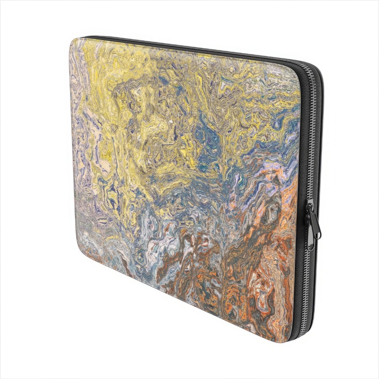 Laptop Sleeve with a calm color pattern Chill Time abstract and artistic style, featuring an elegant and aesthetic design. Main colors are muted yellow, grey and orange, brown. Side view.