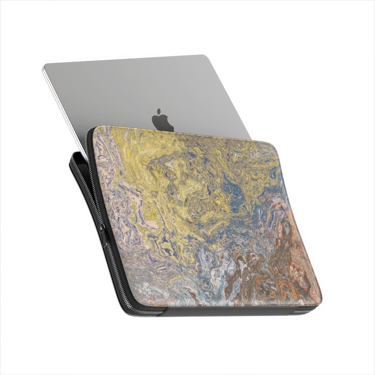 Laptop Sleeve with a calm color pattern Chill Time abstract and artistic style, featuring an elegant and aesthetic design. Main colors are muted yellow, grey and orange, brown. View with laptop.
