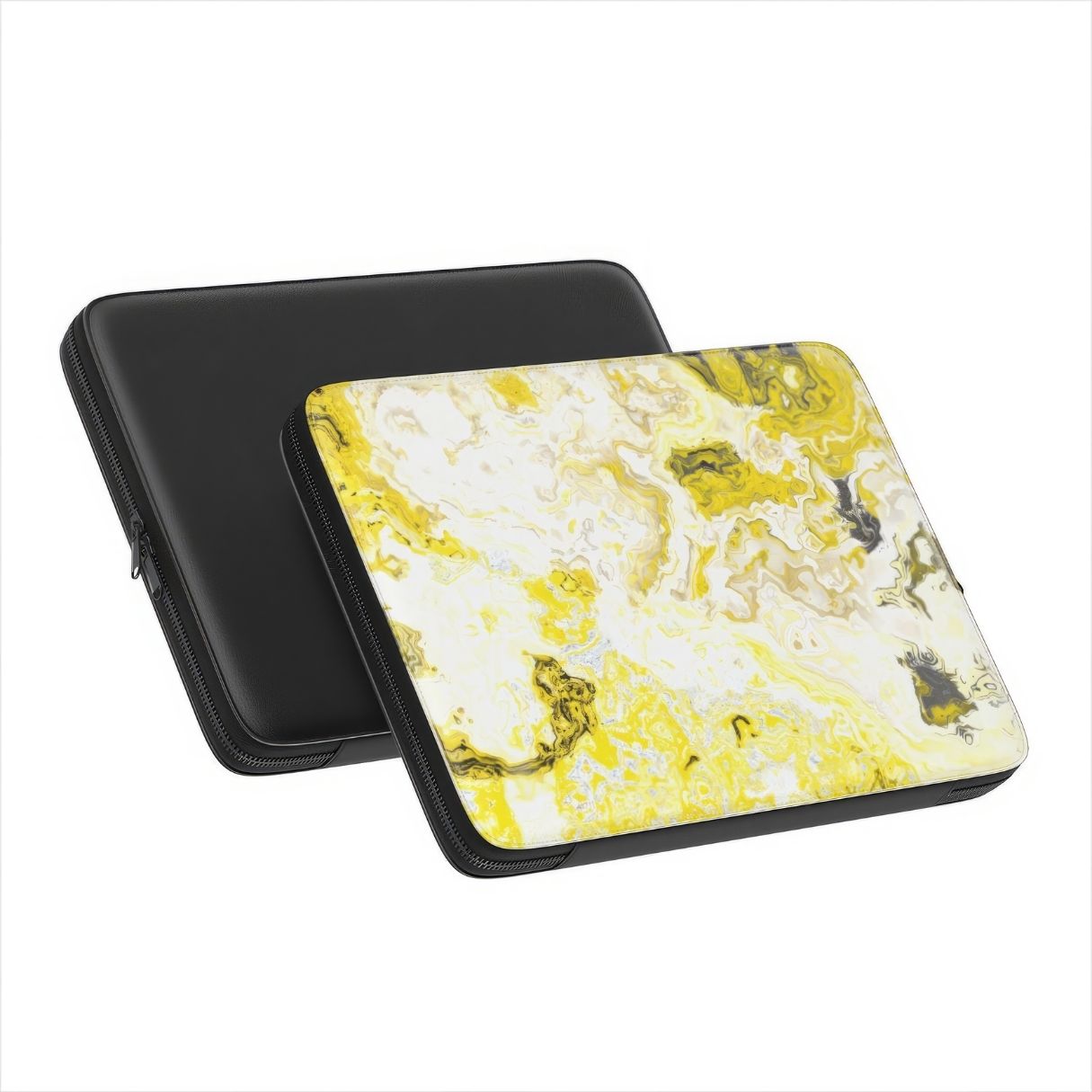 Laptop Sleeve with Citron pattern, artistic, abstract marble pattern. Yellow and white color combination. Bold expressive aesthetic design. Colorful and interior fit. Front and back view.
