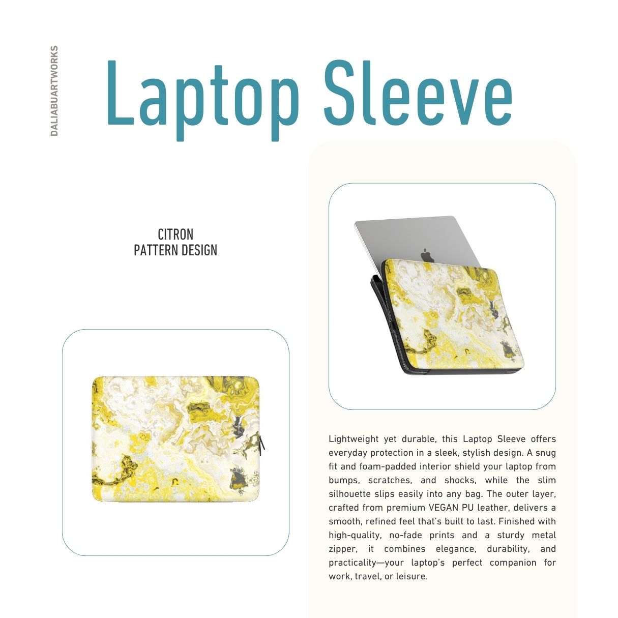 Laptop Sleeve with Citron pattern, artistic, abstract marble pattern. Yellow and white color combination. Bold expressive aesthetic design. Colorful and interior fit. Description.