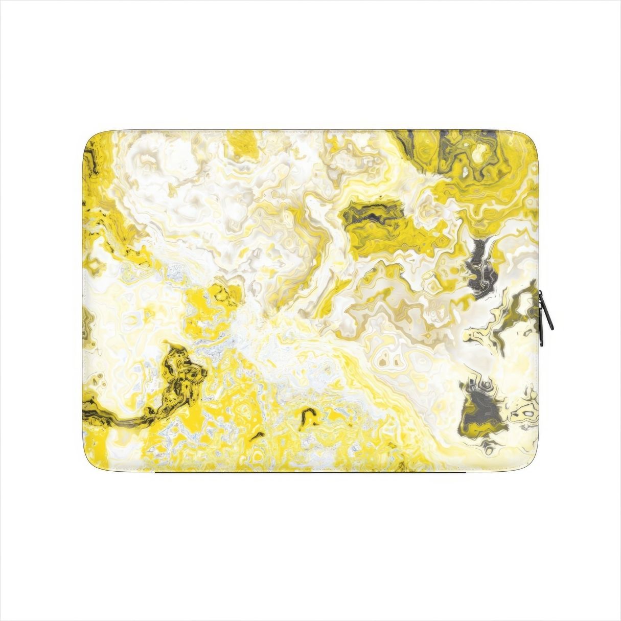 Laptop Sleeve with Citron pattern, artistic, abstract marble pattern. Yellow and white color combination. Bold expressive aesthetic design. Colorful and interior fit. Front view.
