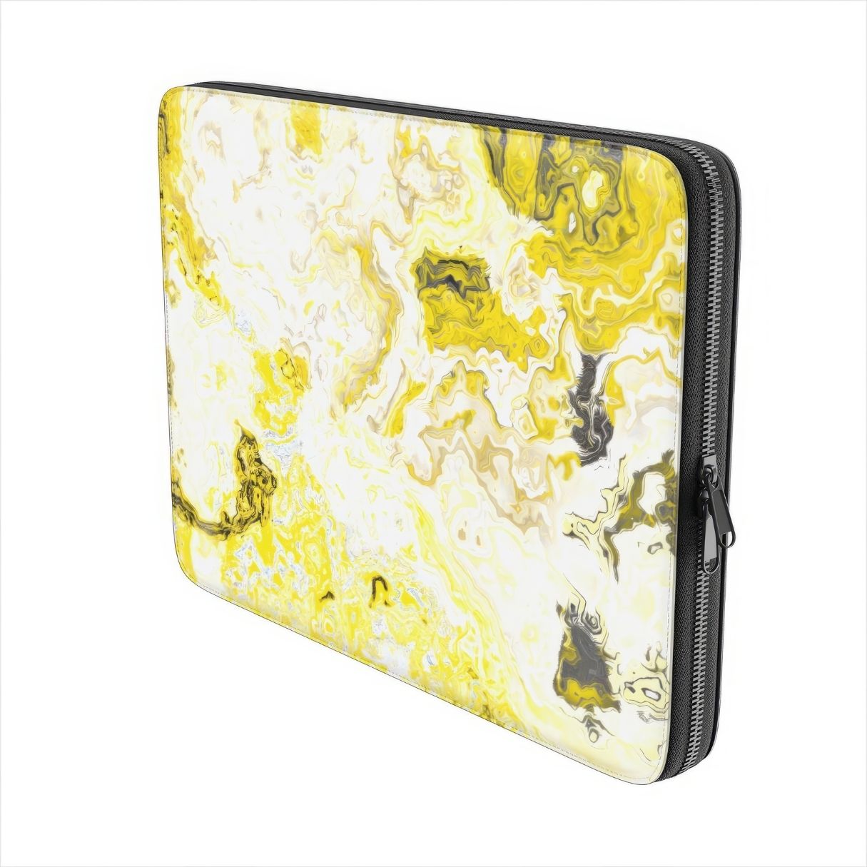 Laptop Sleeve with Citron pattern, artistic, abstract marble pattern. Yellow and white color combination. Bold expressive aesthetic design. Colorful and interior fit. Side view.