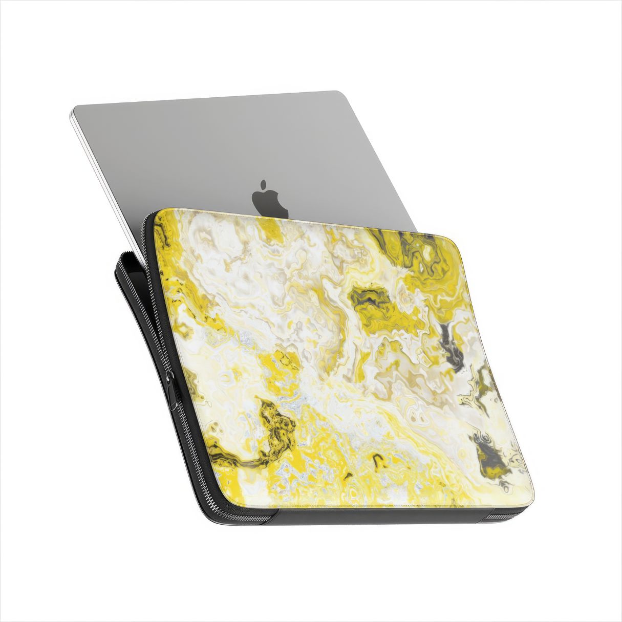 Laptop Sleeve with Citron pattern, artistic, abstract marble pattern. Yellow and white color combination. Bold expressive aesthetic design. Colorful and interior fit. Side view with device.