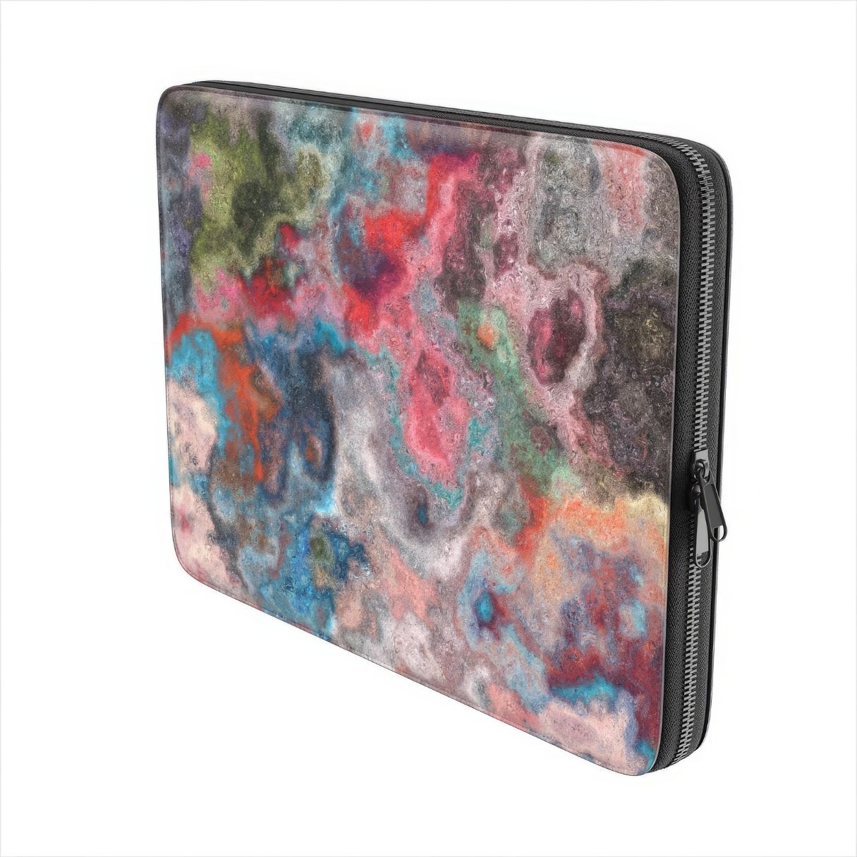 Laptop Sleeve with vivid color pattern Color Fog abstract and artistic style, featuring an elegant and expressive aesthetic design. Main colors are red, deep blue and green. Side view.