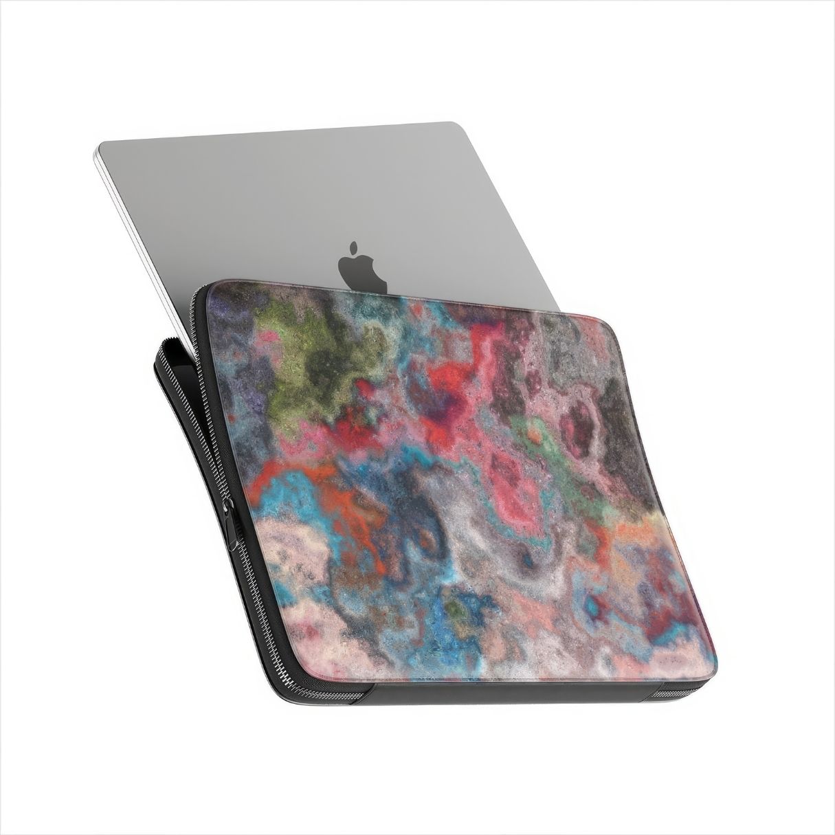 Laptop Sleeve with vivid color pattern Color Fog abstract and artistic style, featuring an elegant and expressive aesthetic design. Main colors are red, deep blue and green. View with laptop.