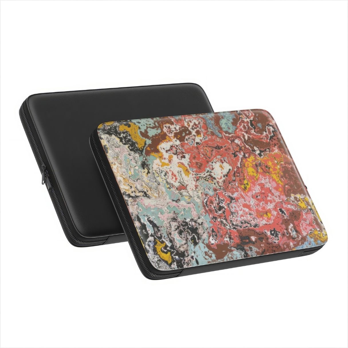 Laptop Sleeve side and back view; Earth in Flux pattern, artistic, abstract marble pattern. Blue and brick red color combination. Bold expressive aesthetic design. Colorful and interior fit.
