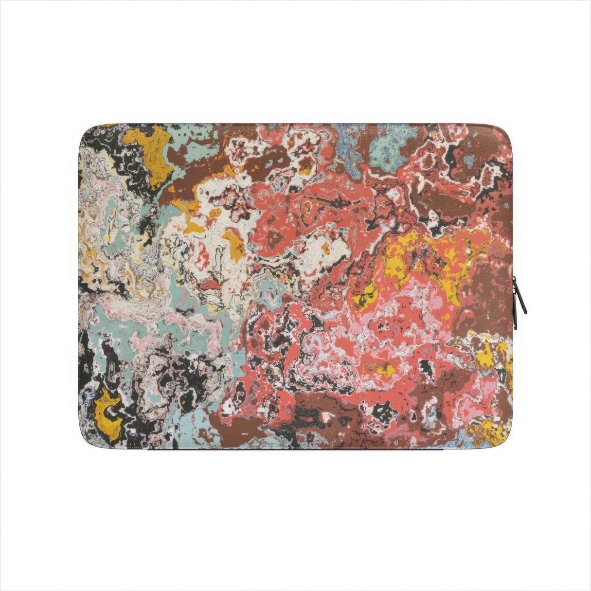 Laptop Sleeve front view; Earth in Flux pattern, artistic, abstract marble pattern. Blue and brick red color combination. Bold expressive aesthetic design. Colorful and interior fit.