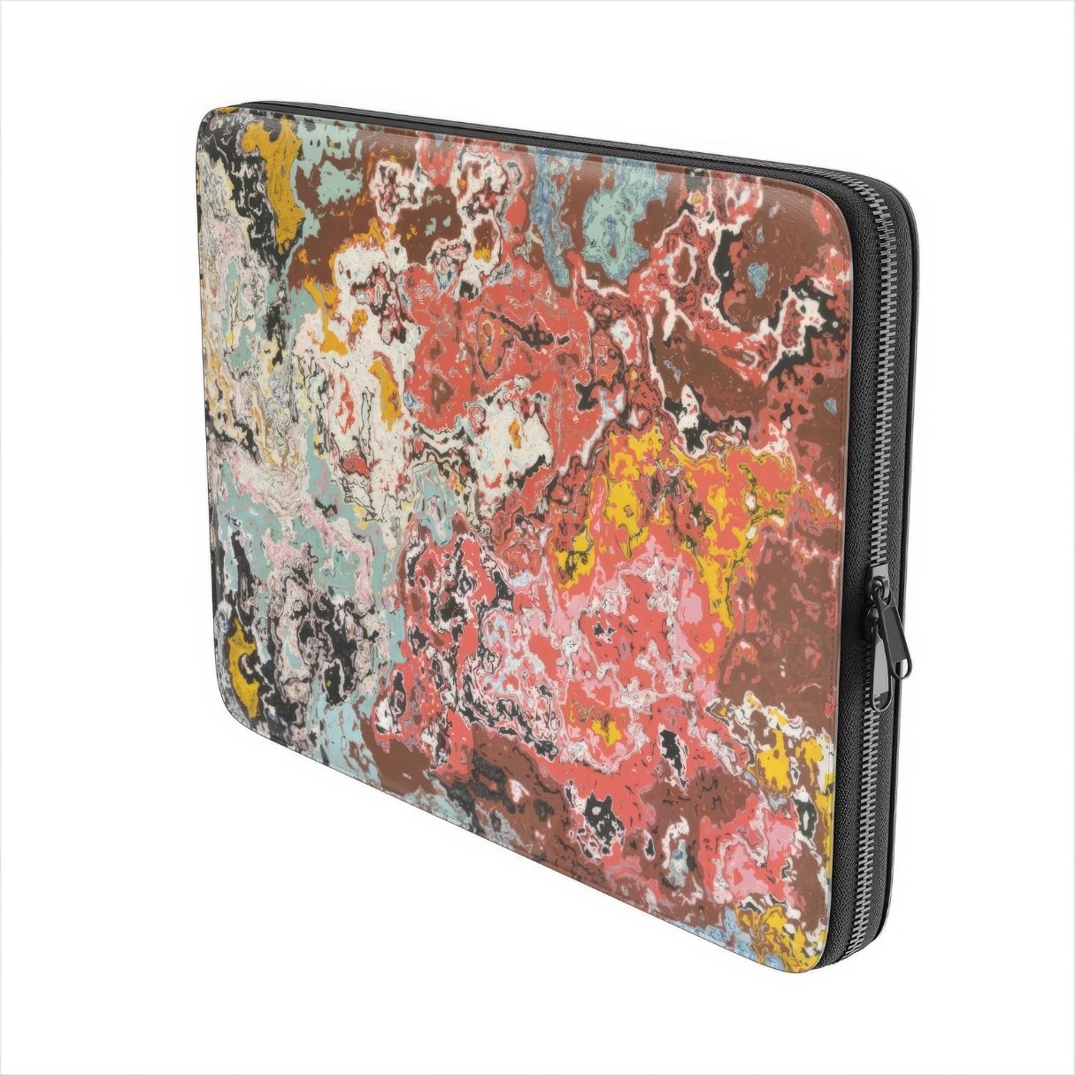 Laptop Sleeve side view; Earth in Flux pattern, artistic, abstract marble pattern. Blue and brick red color combination. Bold expressive aesthetic design. Colorful and interior fit.
