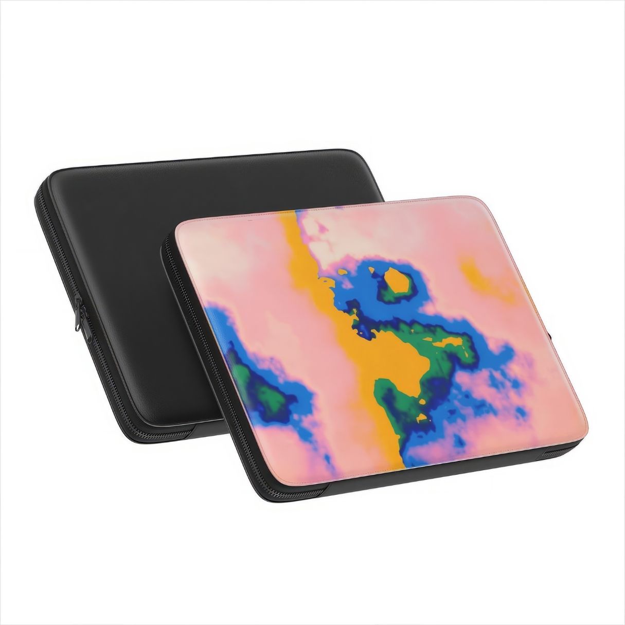 Laptop Sleeve back view; Electricity pattern, artistic, abstract marble pattern. Blue and orange color combination. Bold expressive aesthetic design. Colorful and interior fit.