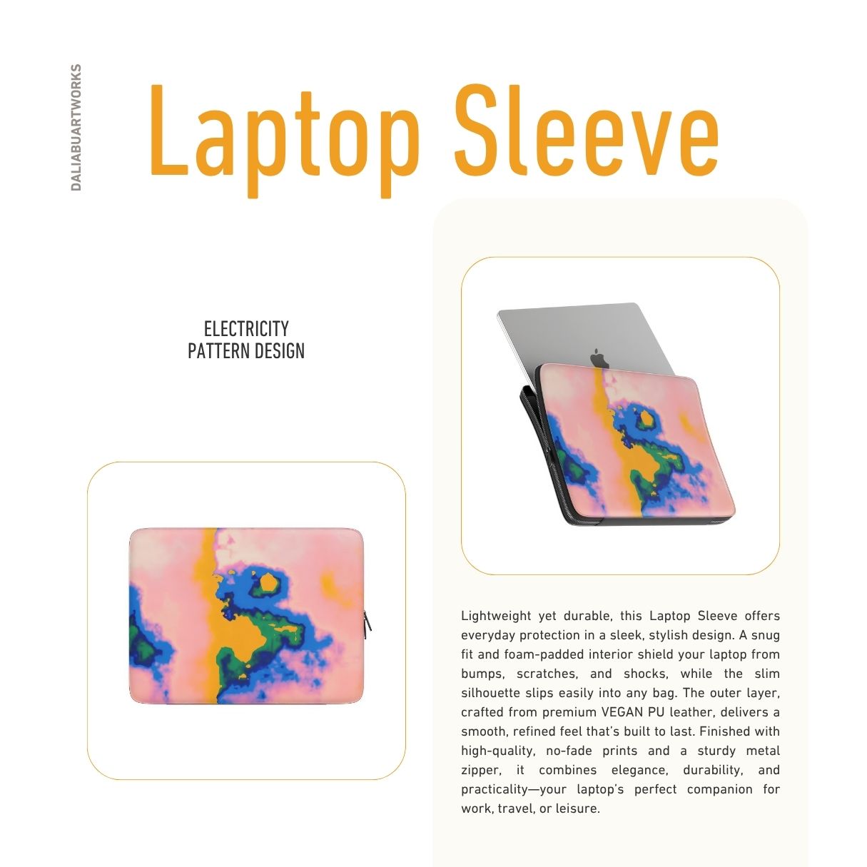 Laptop Sleeve description view; Electricity pattern, artistic, abstract marble pattern. Blue and orange color combination. Bold expressive aesthetic design. Colorful and interior fit.
