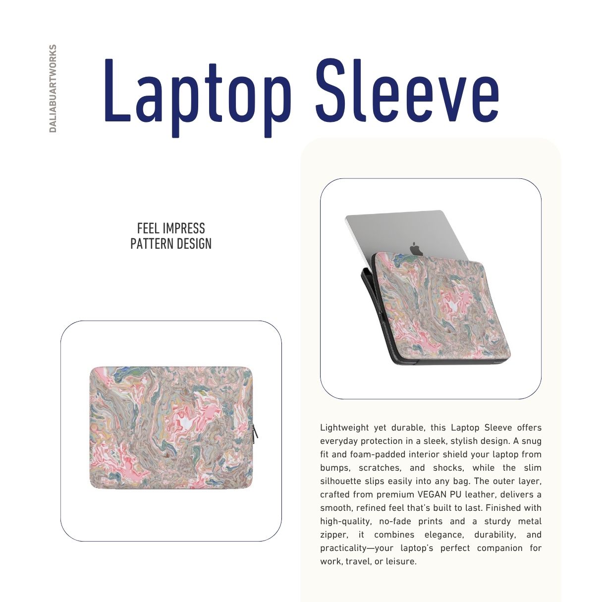 Laptop Sleeve description; Feel Impress pattern, artistic, abstract marble pattern. Pastel blue, green and red color combination. Inspired by impressionist art. Bold expressive aesthetic design. Colorful and interior fit.