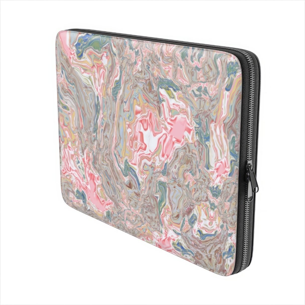 Laptop Sleeve side view; Feel Impress pattern, artistic, abstract marble pattern. Pastel blue, green and red color combination. Inspired by impressionist art. Bold expressive aesthetic design. Colorful and interior fit.