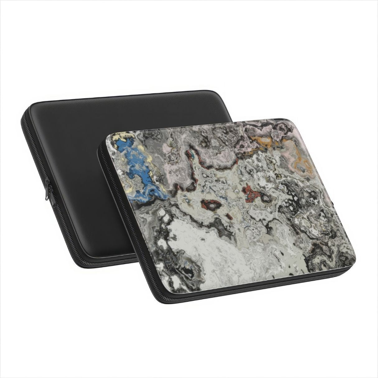 Laptop Sleeve with Full Moon pattern, marble pattern; moon surface imagination. Bold expressive aesthetic design. Colorful and interior fit. Front and back view.