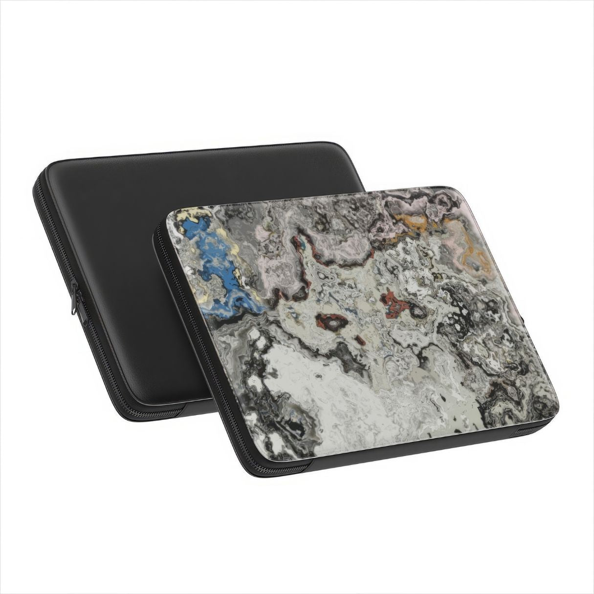 Laptop Sleeve with Full Moon pattern, marble pattern; moon surface imagination. Bold expressive aesthetic design. Colorful and interior fit. Front and back view.