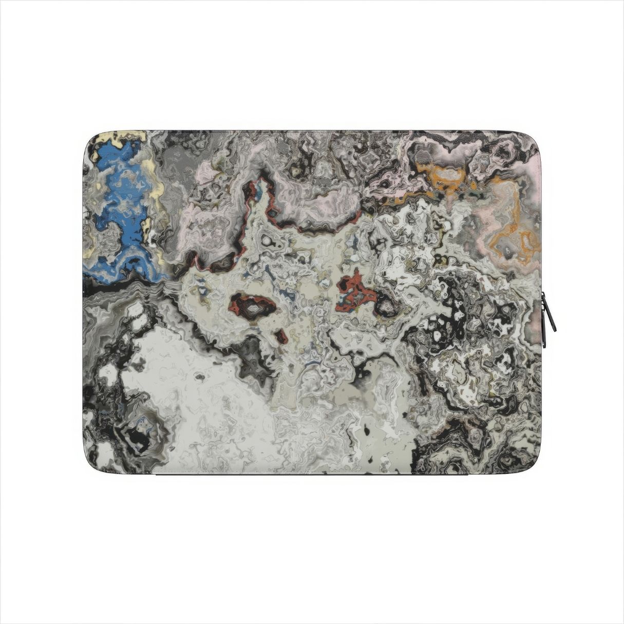 Laptop Sleeve with Full Moon pattern, marble pattern; moon surface imagination. Bold expressive aesthetic design. Colorful and interior fit. Front view.