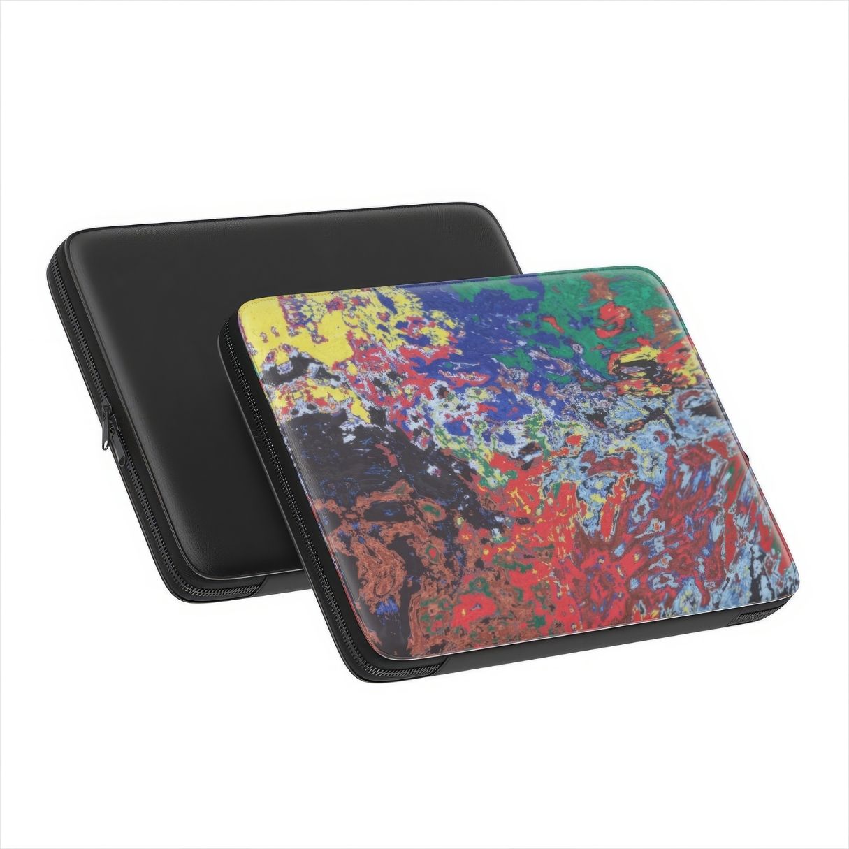 Laptop Sleeve with a bold vivid pattern Graffiti Pulse abstract and artistic style, featuring an elegant and expressive aesthetic design. Main colors are red, blue, black and yellow. Front and back view.