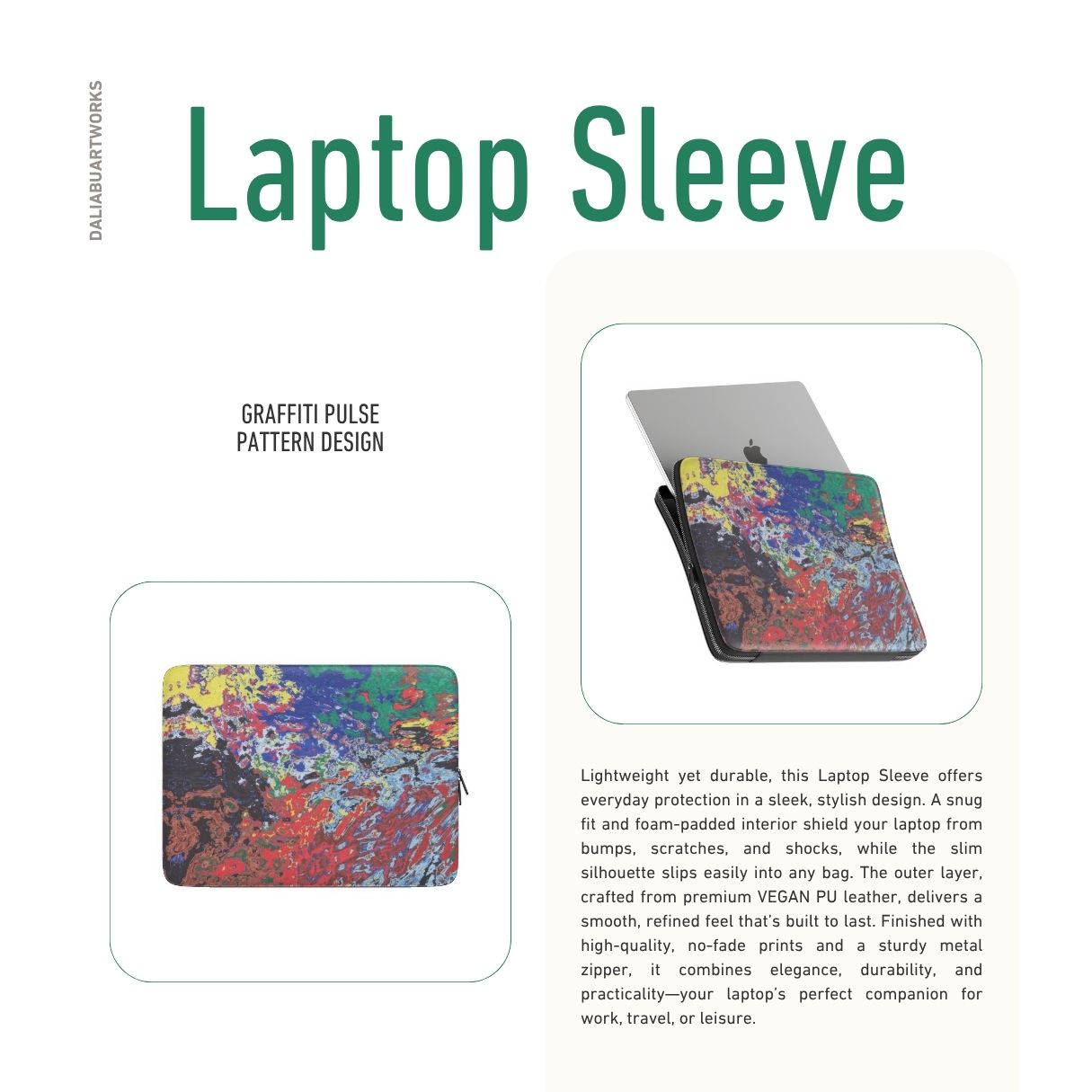 Laptop Sleeve with a bold vivid pattern Graffiti Pulse abstract and artistic style, featuring an elegant and expressive aesthetic design. Main colors are red, blue, black and yellow. Description.