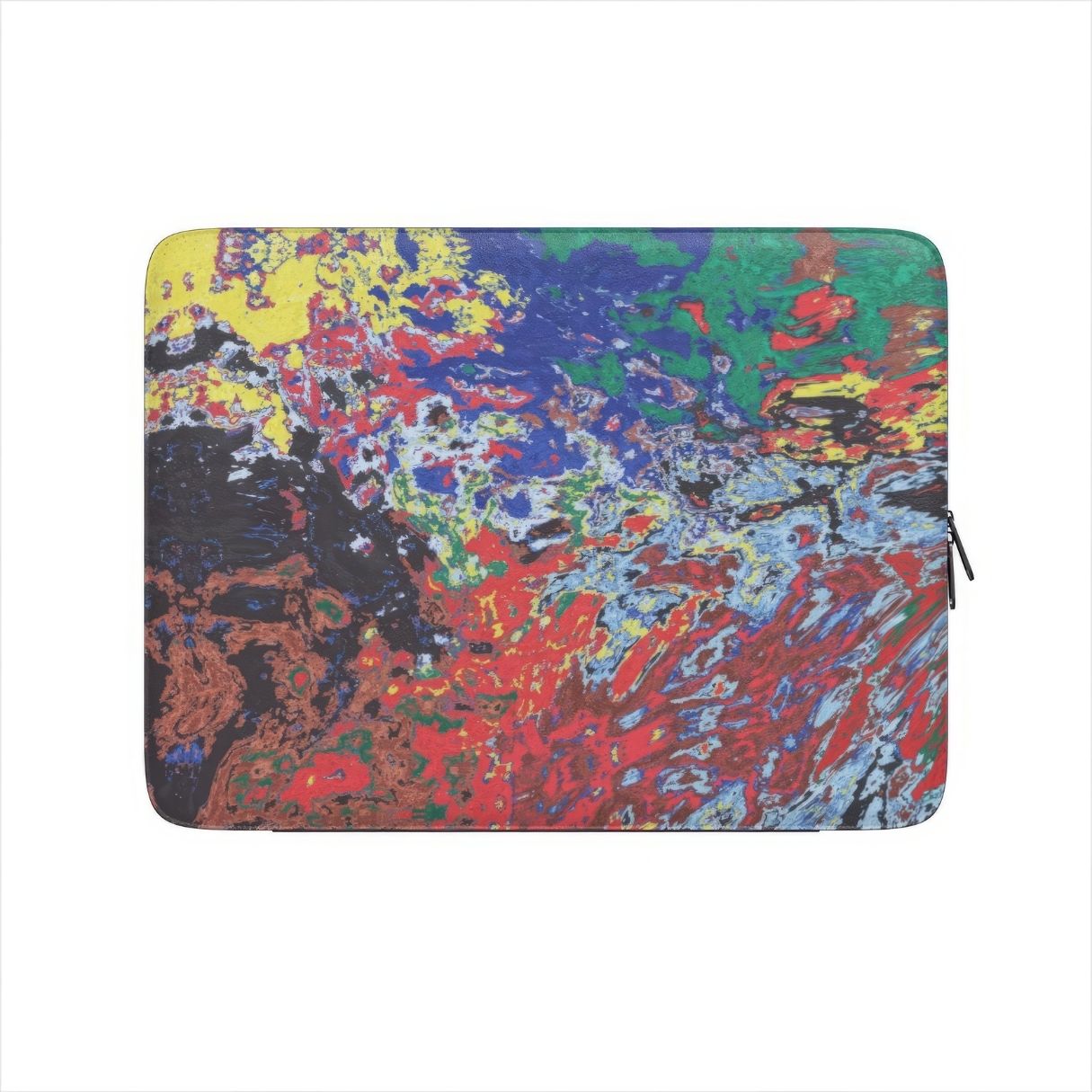 Laptop Sleeve with a bold vivid pattern Graffiti Pulse abstract and artistic style, featuring an elegant and expressive aesthetic design. Main colors are red, blue, black and yellow. Front view.