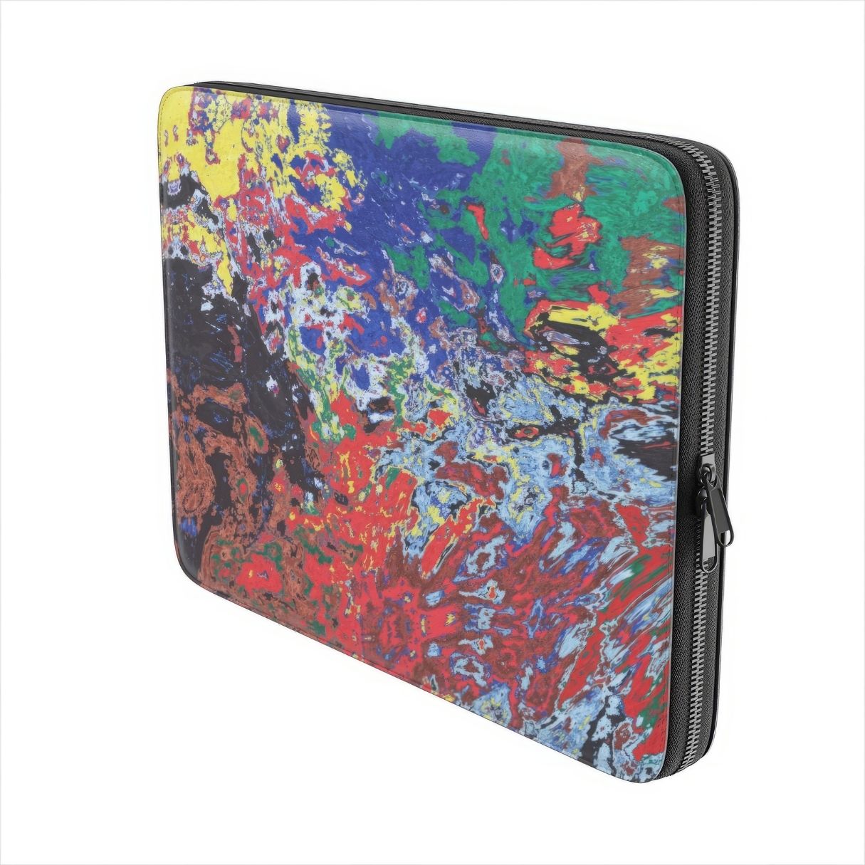 Laptop Sleeve with a bold vivid pattern Graffiti Pulse abstract and artistic style, featuring an elegant and expressive aesthetic design. Main colors are red, blue, black and yellow. Side view.