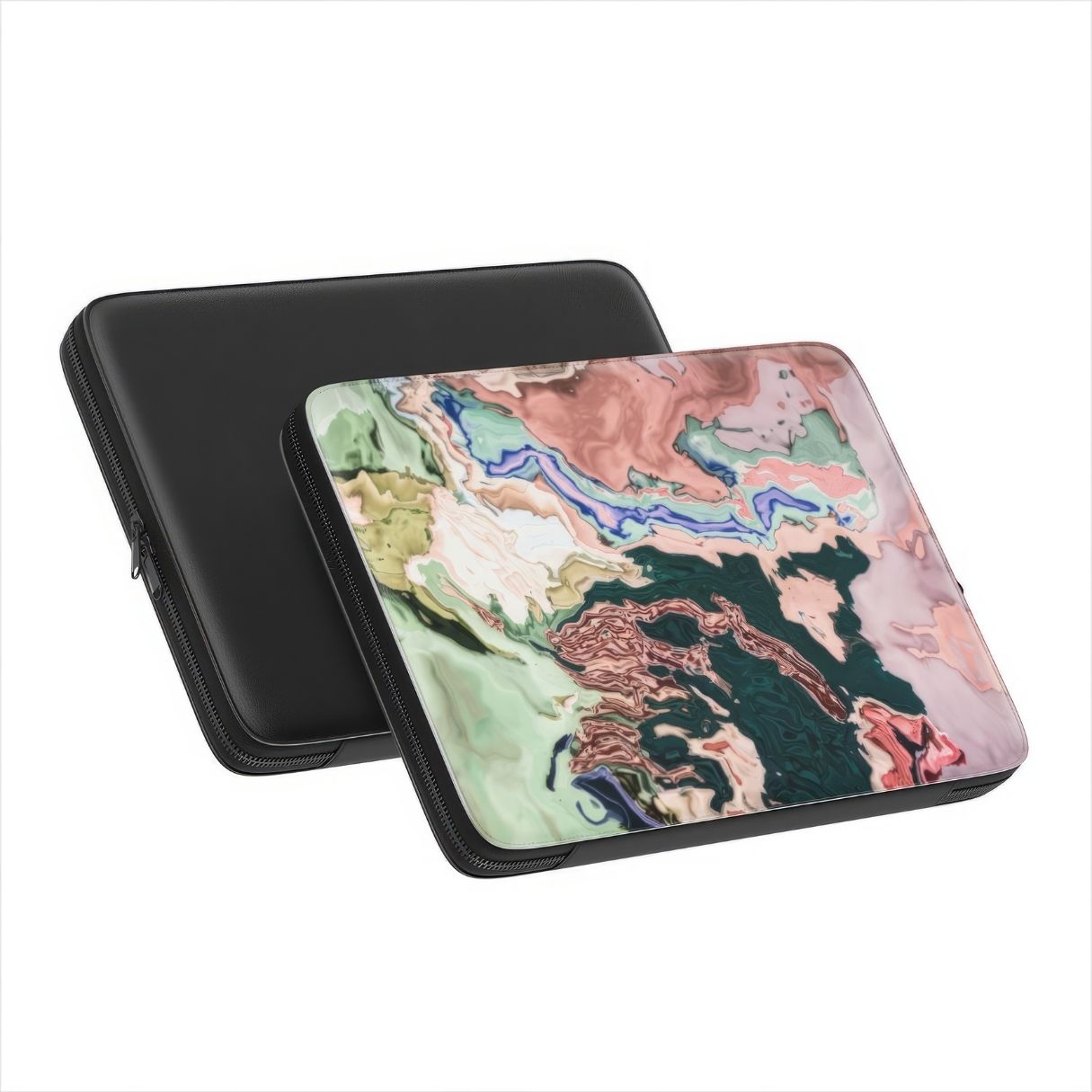 Laptop Sleeve with a bold vivid pattern Green Not Grass abstract and artistic style, featuring an elegant and expressive aesthetic design. Main colors are green and pink hues. Side and back view.