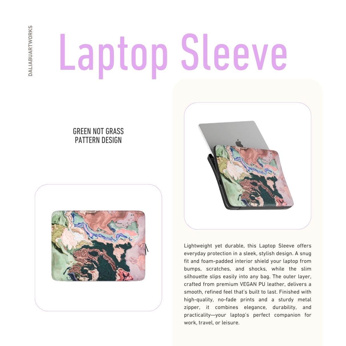 Laptop Sleeve with a bold vivid pattern Green Not Grass abstract and artistic style, featuring an elegant and expressive aesthetic design. Main colors are green and pink hues. Description.