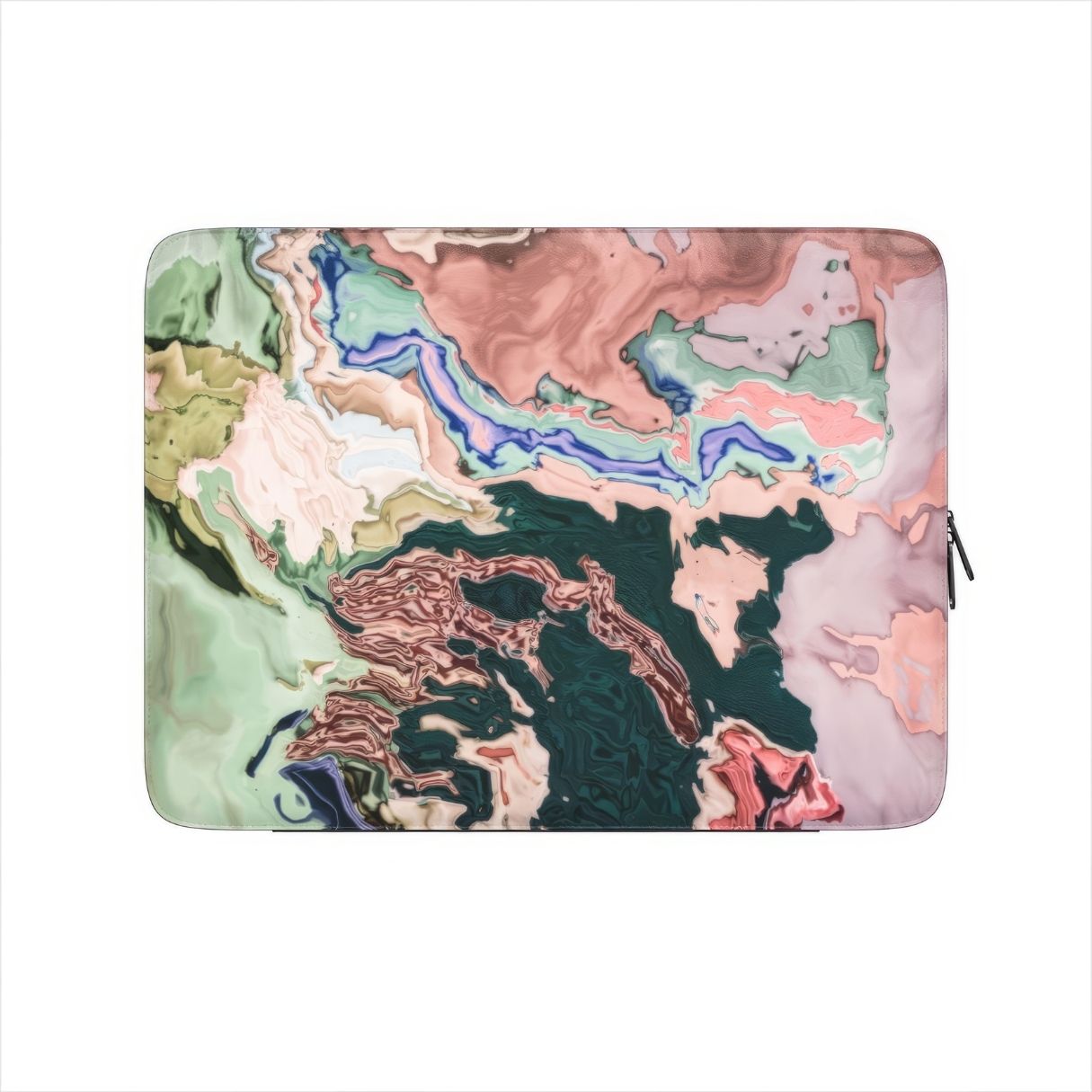 Laptop Sleeve with a bold vivid pattern Green Not Grass abstract and artistic style, featuring an elegant and expressive aesthetic design. Main colors are green and pink hues. Front view.