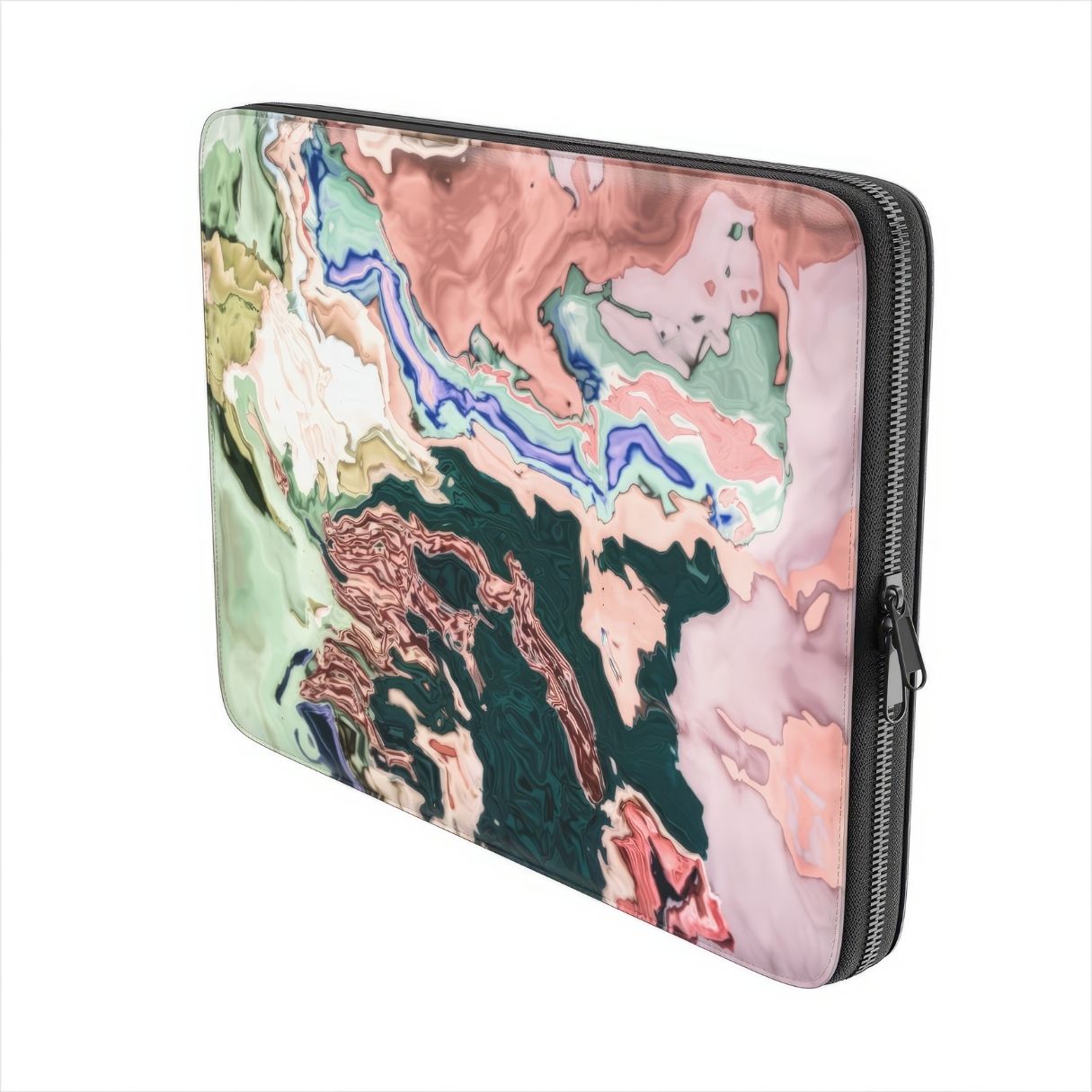 Laptop Sleeve with a bold vivid pattern Green Not Grass abstract and artistic style, featuring an elegant and expressive aesthetic design. Main colors are green and pink hues. Side view.