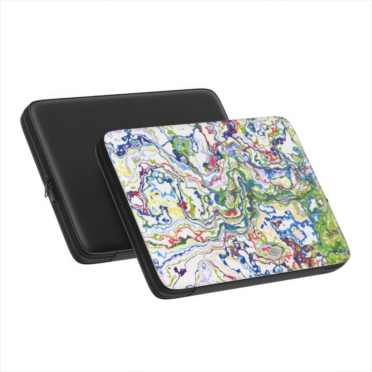 Laptop Sleeve with Inside My Brain pattern, artistic, abstract marble pattern. Mix color combination. Bold expressive aesthetic design. Colorful and interior fit. front and back view.