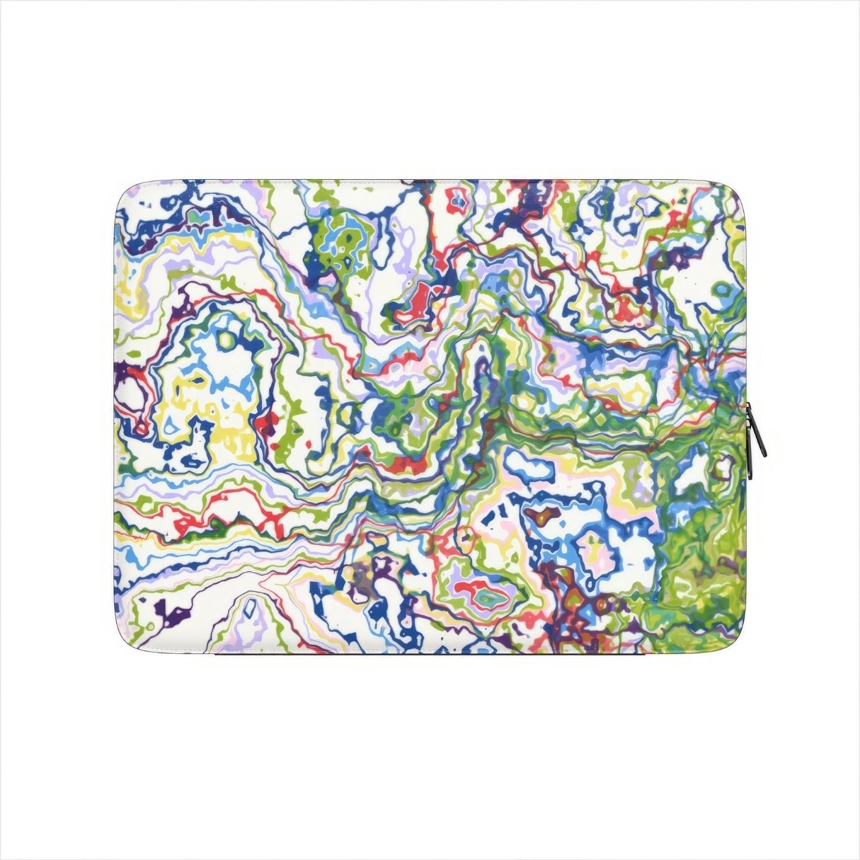 Laptop Sleeve with Inside My Brain pattern, artistic, abstract marble pattern. Mix color combination. Bold expressive aesthetic design. Colorful and interior fit. front view.