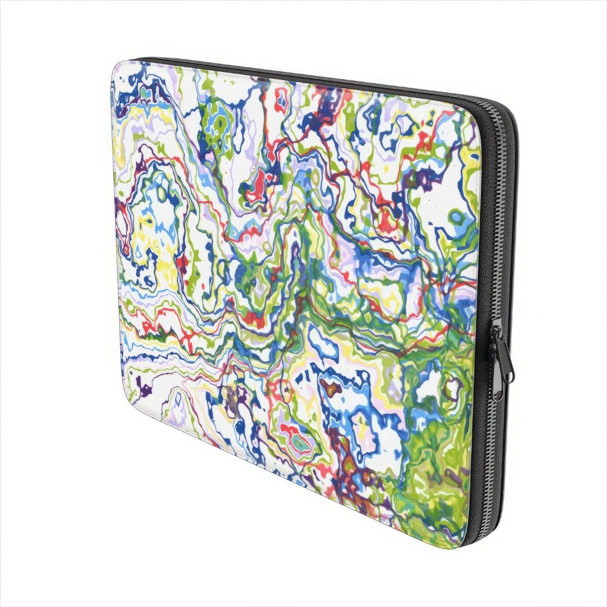 Laptop Sleeve with Inside My Brain pattern, artistic, abstract marble pattern. Mix color combination. Bold expressive aesthetic design. Colorful and interior fit. Side view.