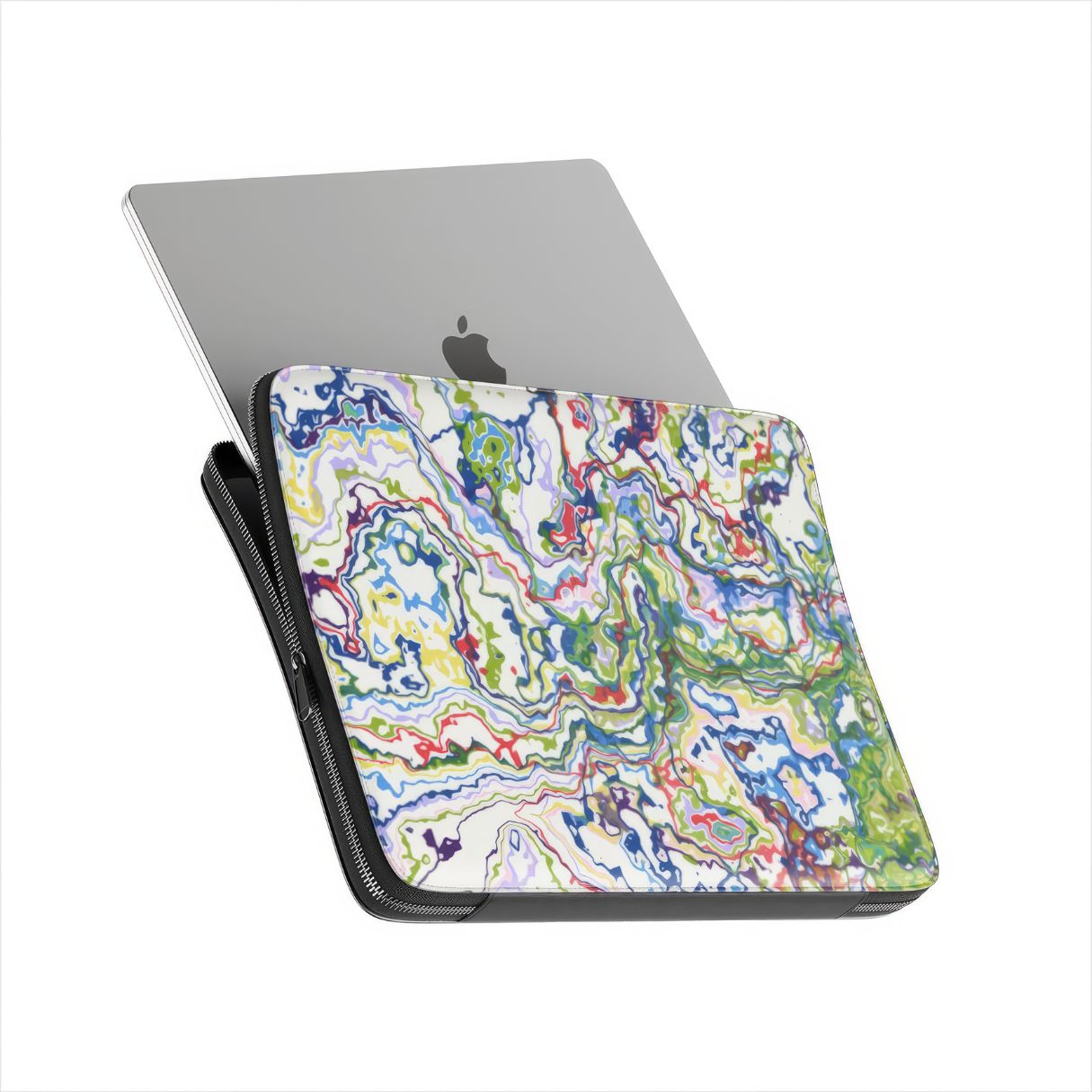 Laptop Sleeve with Inside My Brain pattern, artistic, abstract marble pattern. Mix color combination. Bold expressive aesthetic design. Colorful and interior fit. Side view with device.