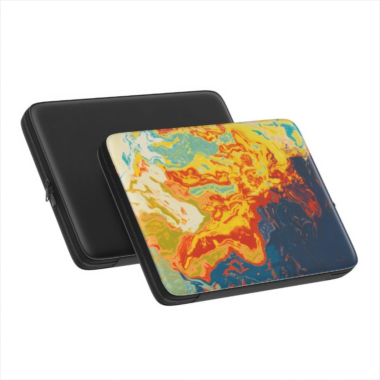 Laptop Sleeve with a bold vivid pattern in marble abstract and artistic style, featuring an elegant and expressive aesthetic design. Main colors are navy deep blue, rich yellow, red and marine blue. Front and back view.