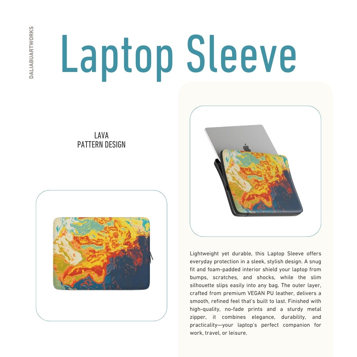Laptop Sleeve with a bold vivid pattern in marble abstract and artistic style, featuring an elegant and expressive aesthetic design. Main colors are navy deep blue, rich yellow, red and marine blue. Description.