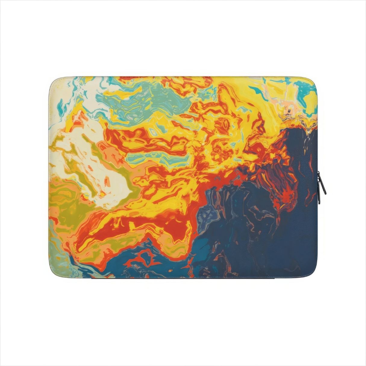 Laptop Sleeve with a bold vivid pattern in marble abstract and artistic style, featuring an elegant and expressive aesthetic design. Main colors are navy deep blue, rich yellow, red and marine blue. Front view.