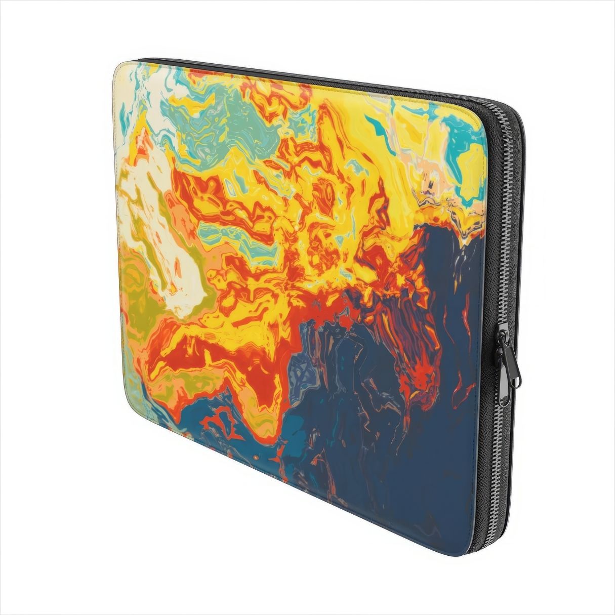 Laptop Sleeve with a bold vivid pattern in marble abstract and artistic style, featuring an elegant and expressive aesthetic design. Main colors are navy deep blue, rich yellow, red and marine blue. Side view.