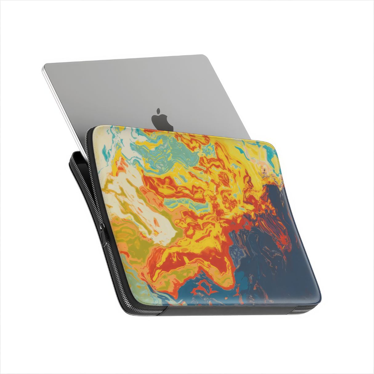 Laptop Sleeve with a bold vivid pattern in marble abstract and artistic style, featuring an elegant and expressive aesthetic design. Main colors are navy deep blue, rich yellow, red and marine blue. Side view with device.