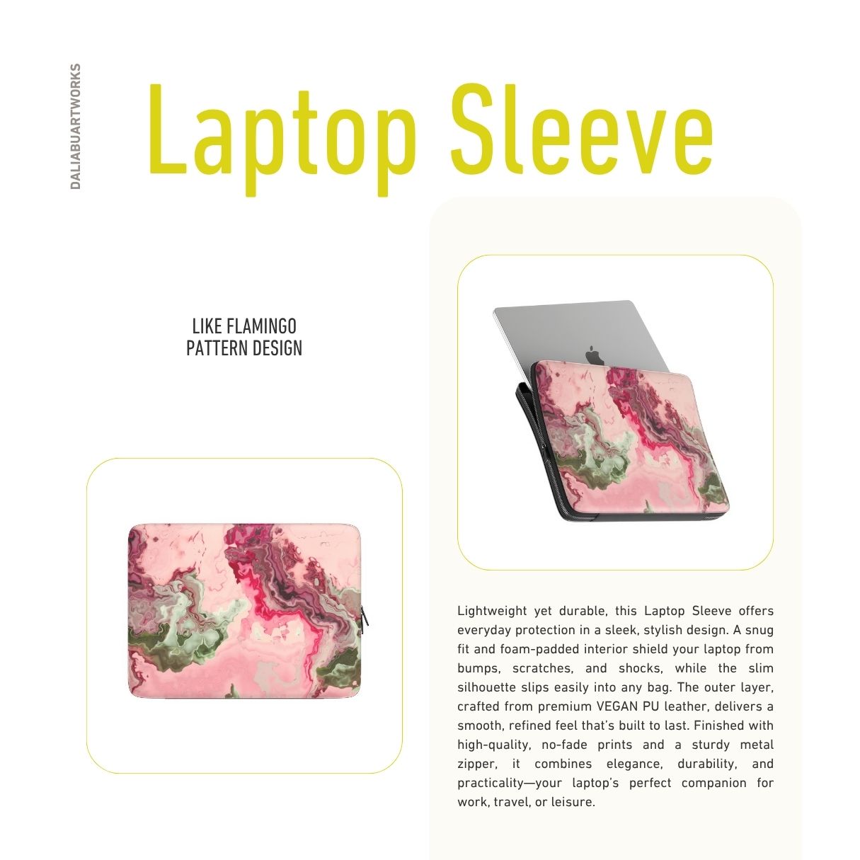 Laptop Sleeve with a bold vivid pattern Like Flamingo in marble abstract and artistic style, featuring an elegant and expressive aesthetic design. Main colors are pink and green. Description.