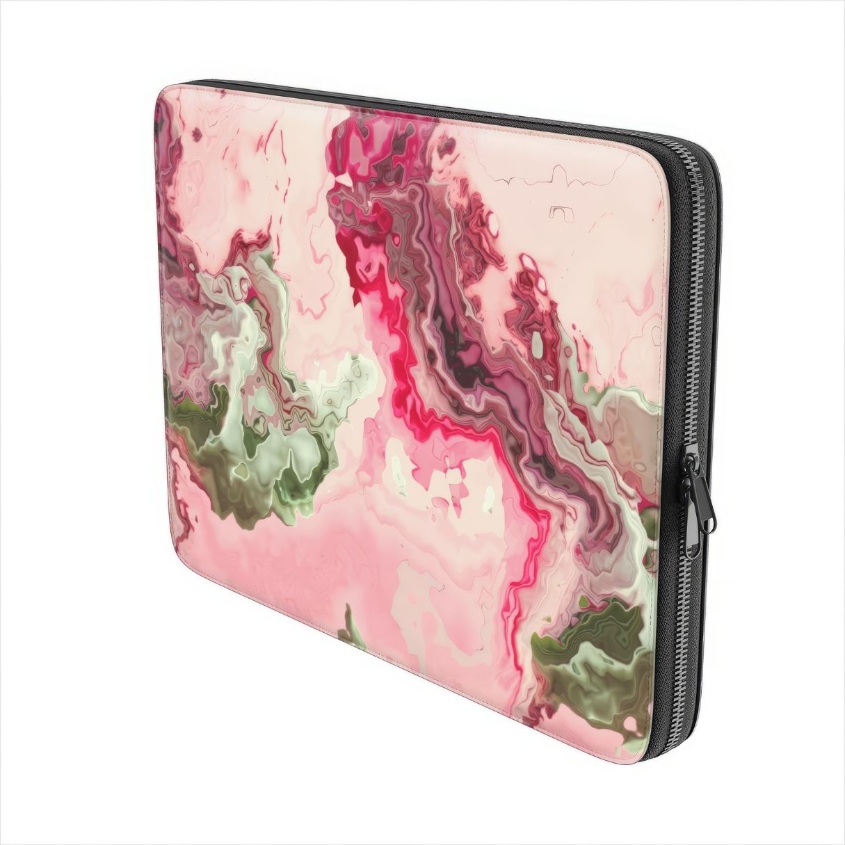 Laptop Sleeve with a bold vivid pattern Like Flamingo in marble abstract and artistic style, featuring an elegant and expressive aesthetic design. Main colors are pink and green. Side view.