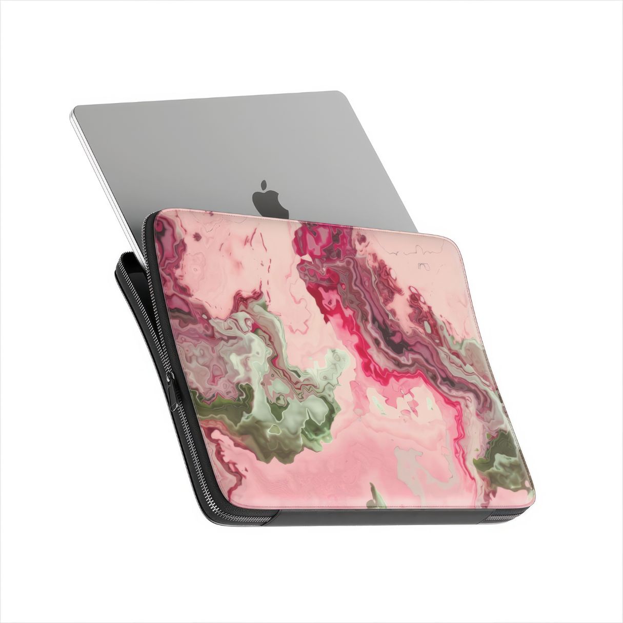 Laptop Sleeve with a bold vivid pattern Like Flamingo in marble abstract and artistic style, featuring an elegant and expressive aesthetic design. Main colors are pink and green. Side view with device.