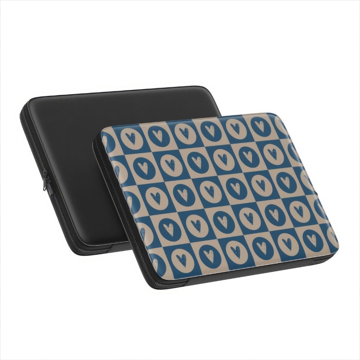 Laptop Sleeve with LovDot Blue pattern design with a dynamic geometric symmetry in heart and dot style, featuring an elegant and expressive aesthetic design. Main colors are steel blue and light brown. Front and back view.