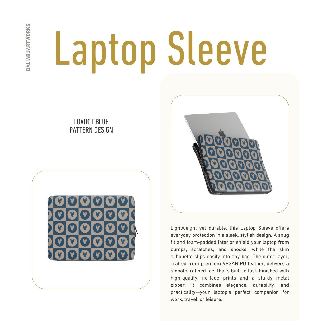 Laptop Sleeve with LovDot Blue pattern design with a dynamic geometric symmetry in heart and dot style, featuring an elegant and expressive aesthetic design. Main colors are steel blue and light brown. Description.