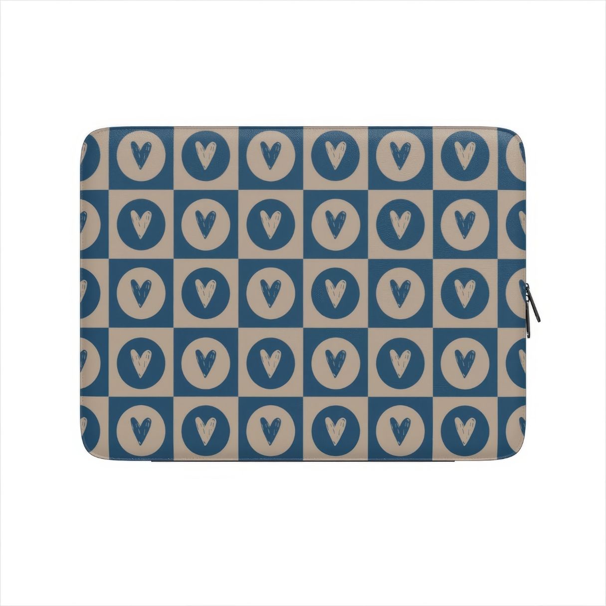 Laptop Sleeve with LovDot Blue pattern design with a dynamic geometric symmetry in heart and dot style, featuring an elegant and expressive aesthetic design. Main colors are steel blue and light brown. Front view.