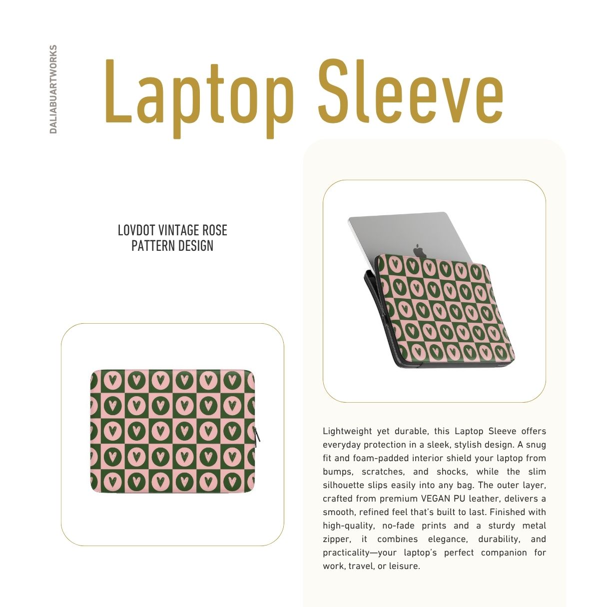 Laptop Sleeve with LovDot Vintage Rose pattern design with a dynamic geometric symmetry in heart and dot style, featuring an elegant and expressive aesthetic design. Main colors are vintage pink and green. Description.