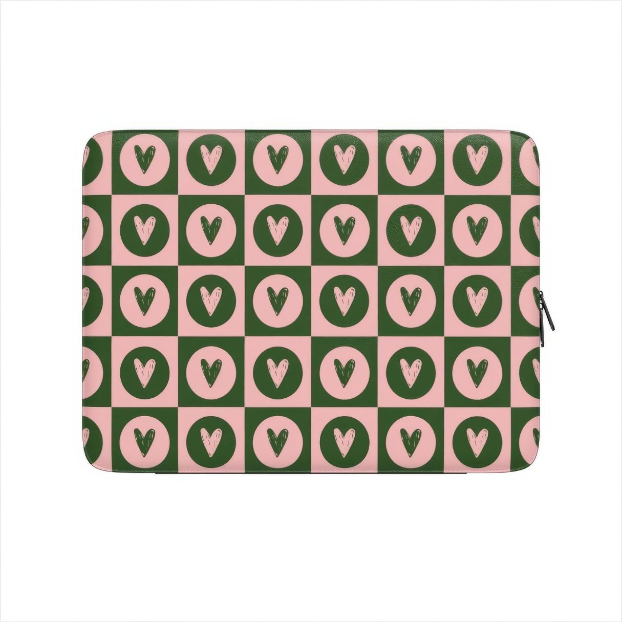Laptop Sleeve with LovDot Vintage Rose pattern design with a dynamic geometric symmetry in heart and dot style, featuring an elegant and expressive aesthetic design. Main colors are vintage pink and green. Front view.