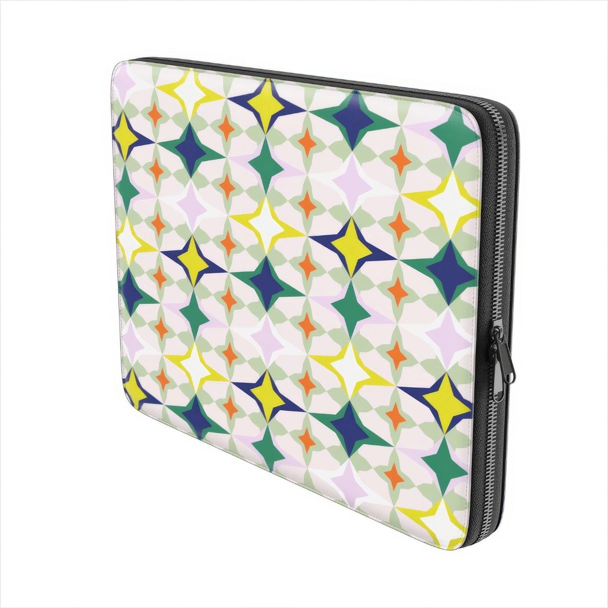 Laptop Sleeve Magic Spring pattern design with a dynamic geometric symmetry in geometric style, featuring an elegant and expressive aesthetic design. Main colors are green, yellow, orange red and deep blue. Side view.