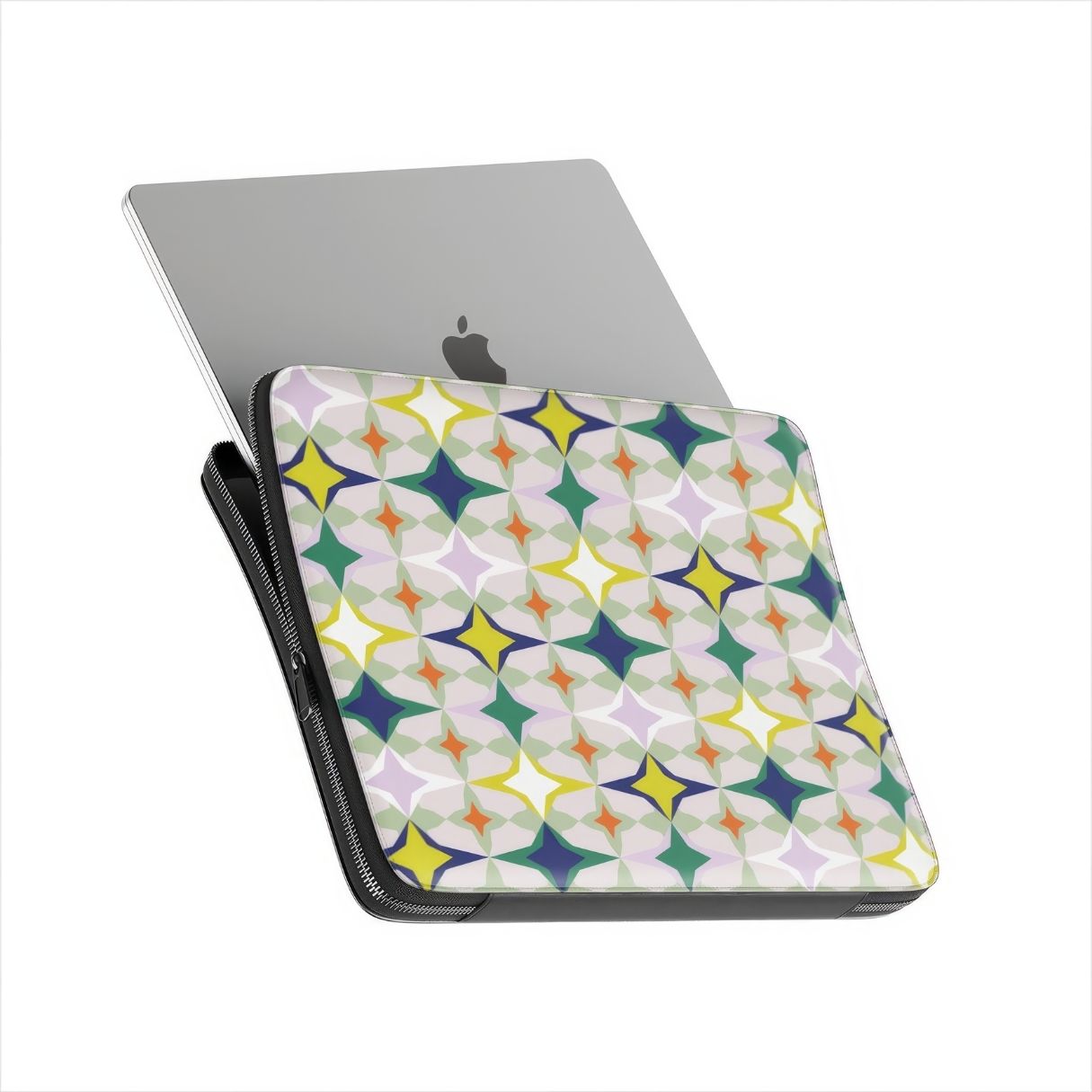 Laptop Sleeve Magic Spring pattern design with a dynamic geometric symmetry in geometric style, featuring an elegant and expressive aesthetic design. Main colors are green, yellow, orange red and deep blue. View with MacBook.