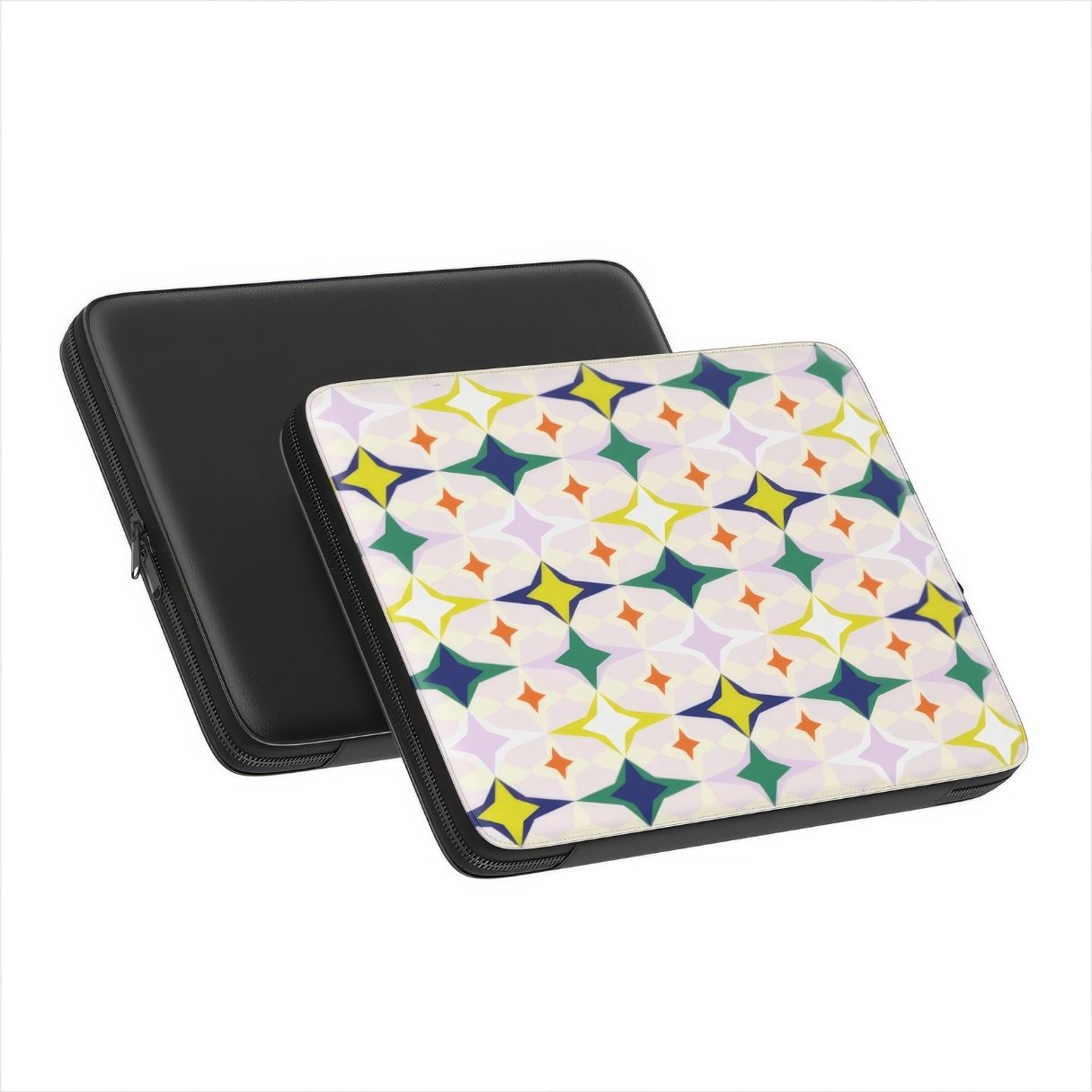 Laptop Sleeve Magic Summer pattern design with a dynamic geometric symmetry in geometric style, featuring an elegant and expressive aesthetic design. Main colors are green, yellow, orange red and lilac. Side and back view.