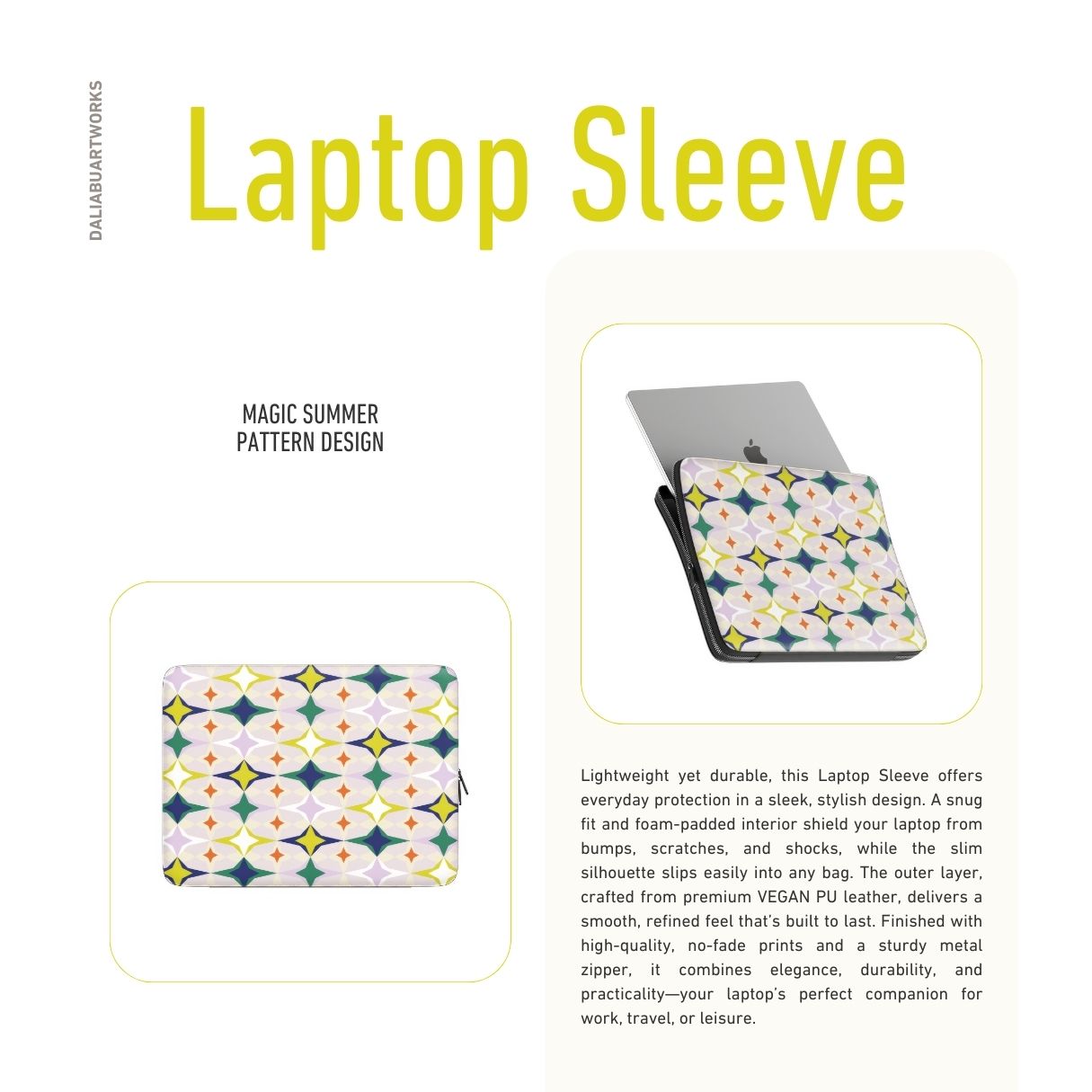Laptop Sleeve Magic Summer pattern design with a dynamic geometric symmetry in geometric style, featuring an elegant and expressive aesthetic design. Main colors are green, yellow, orange red and lilac. Description.