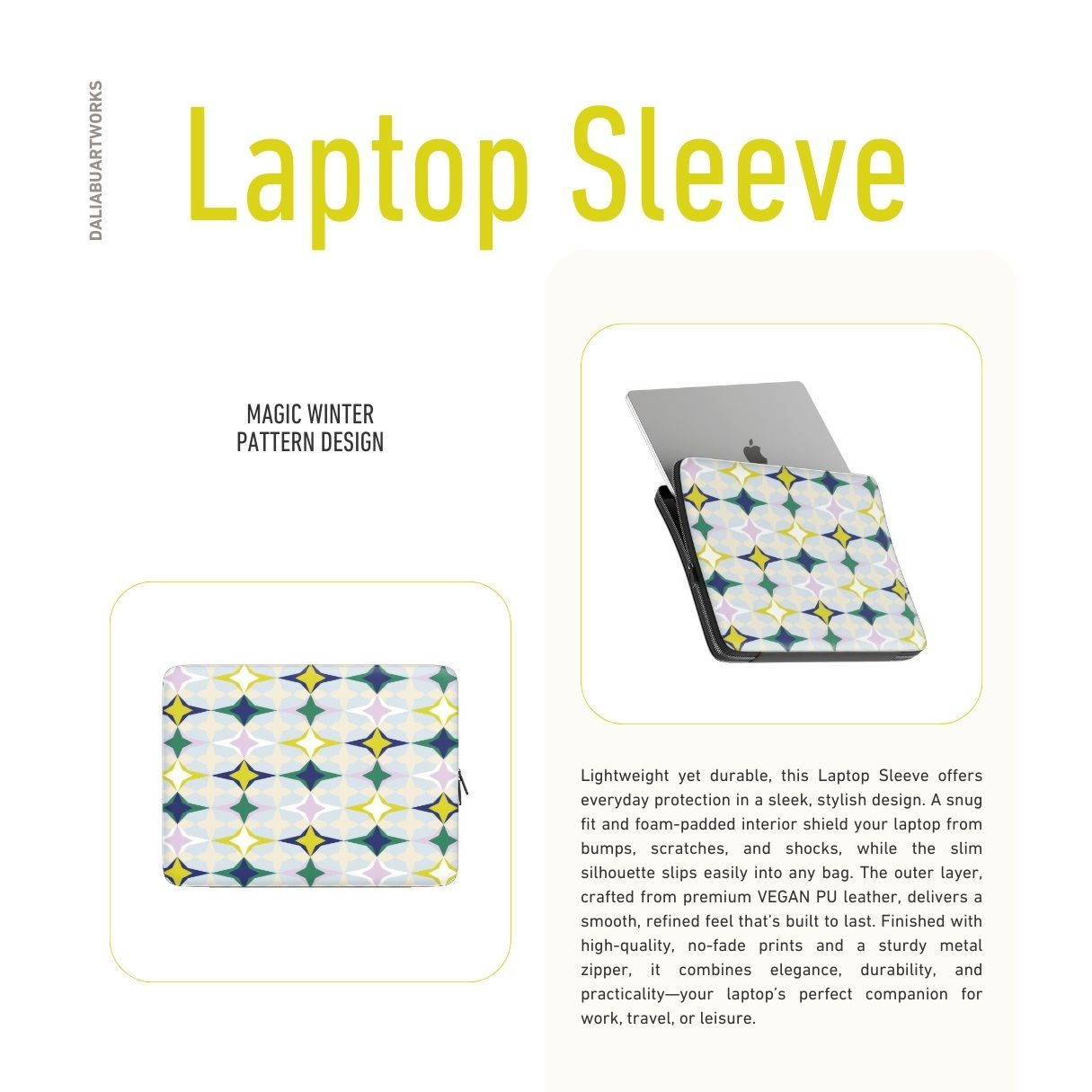 Laptop Sleeve Magic Winter pattern design with a dynamic geometric symmetry in geometric style, featuring an elegant and expressive aesthetic design. Main colors are divine blue, yellow, green and deep blue. Description.