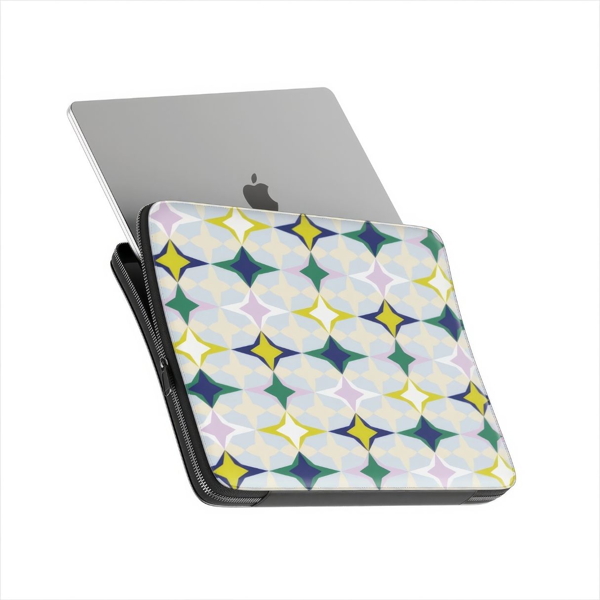 Laptop Sleeve Magic Winter pattern design with a dynamic geometric symmetry in geometric style, featuring an elegant and expressive aesthetic design. Main colors are divine blue, yellow, green and deep blue. View with MacBook.